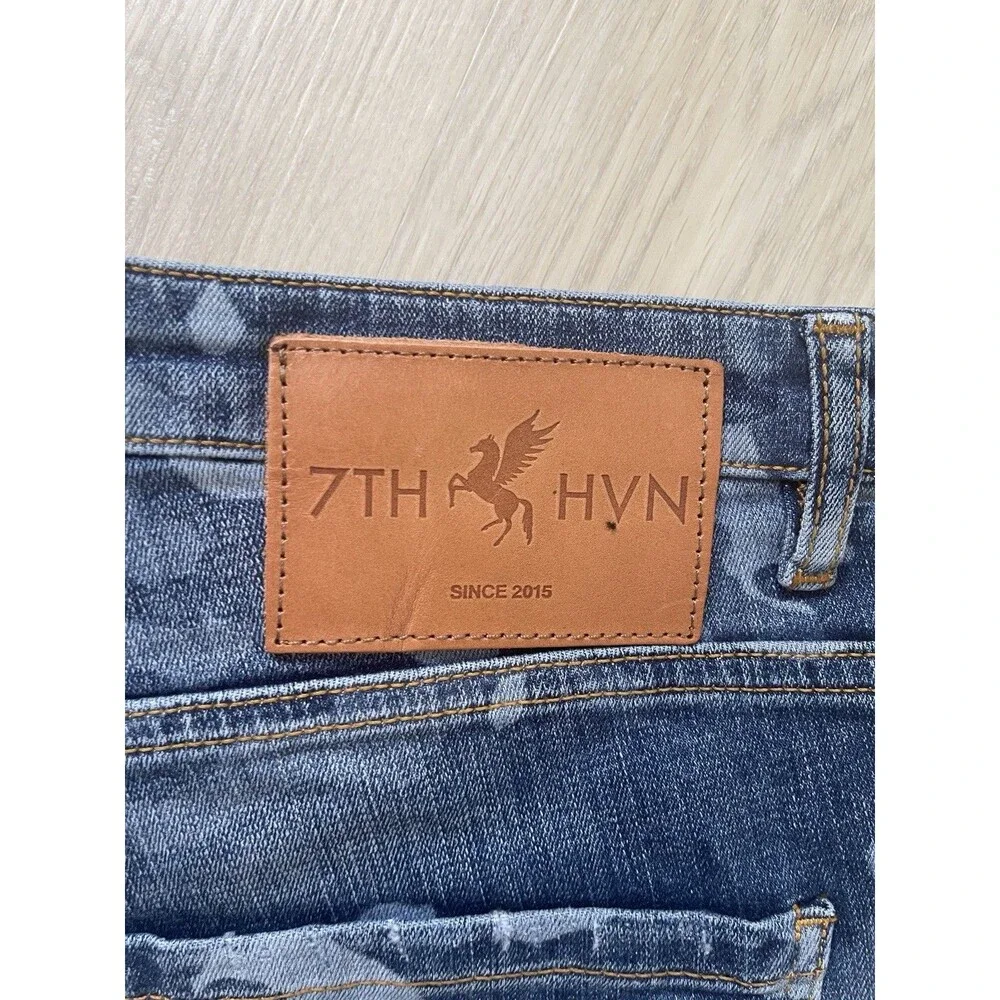 NWT 7TH HVN Men Camouflage Denim Jeans Blue Gray Slim Tapered Stretch Size 38